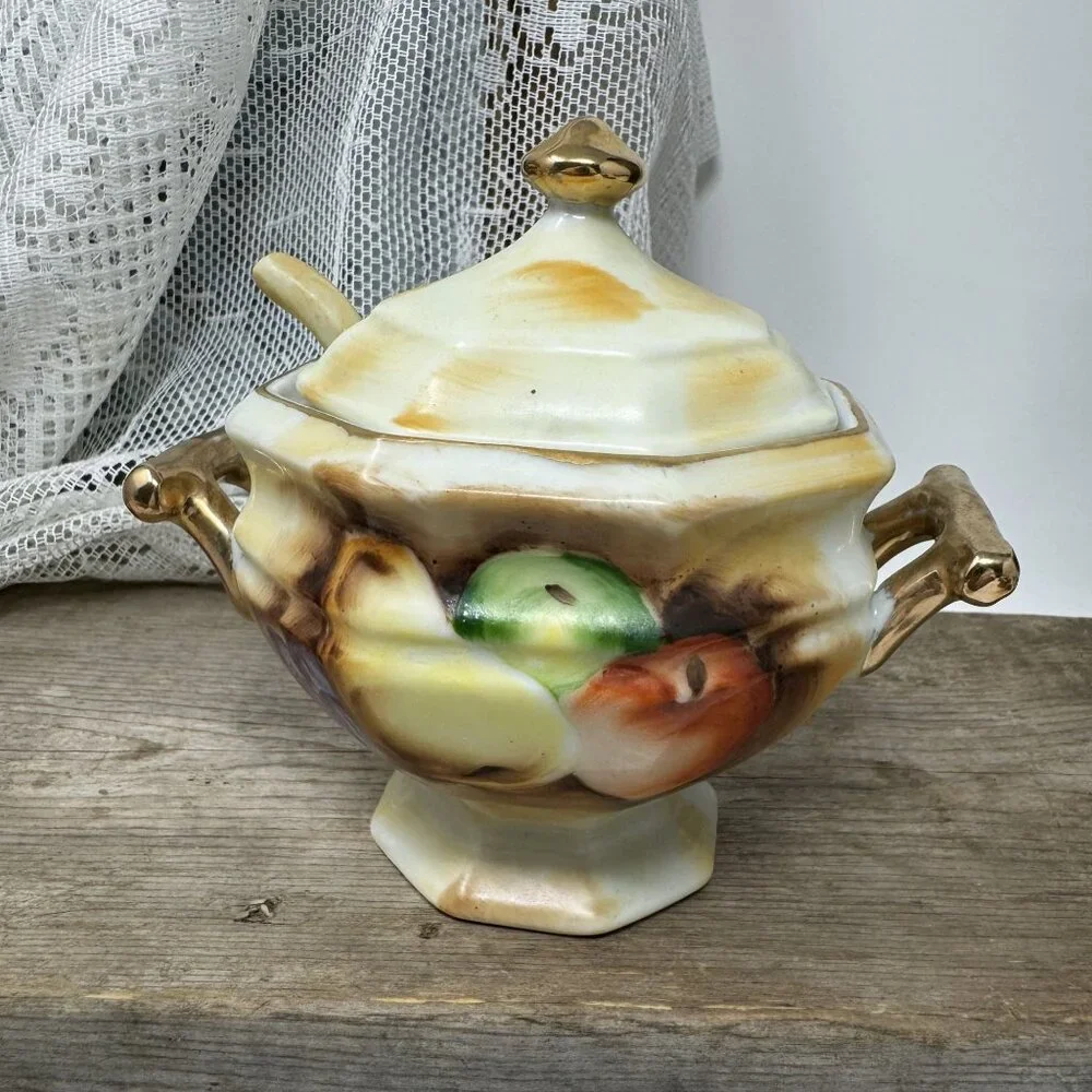 Vintage Enesco Sugar Condiment Bowl w/ Lid Spoon Fruit Gold Trim #E2364